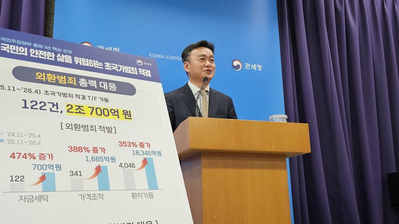 이종욱 관세청장이 1일 정부대전청사 기자실에서 정부 출범 1주년 핵심 성과를 발표하고 있다. 사진=김원준 기자