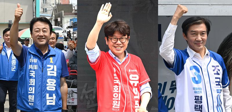 [평택=뉴시스] 김종택 기자 = 경기 평택을 국회의원 재선거에 출마한 김용남 더불어민주당 후보(사진왼쪽), 유의동 국민의힘 후보, 조국 조국혁신당 후보가 1일 경기 평택시 안중읍 안중시장에서 유세를 하며 지지를 호소하고 있다. 2026.06.01. jtk@newsis.com