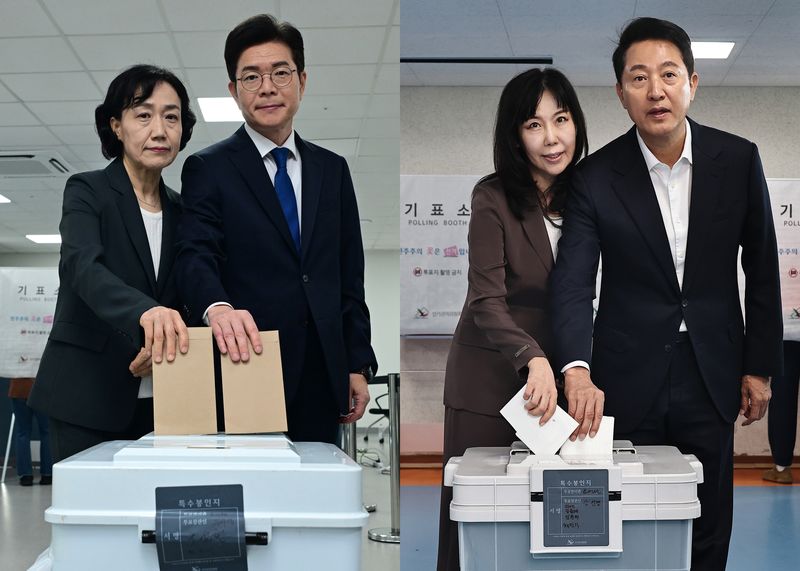 정원오 더불어민주당 서울시장 후보(왼쪽)와 오세훈 국민의힘 서울시장 후보가 제9회 전국동시지방선거 사전투표 첫날인 지난달 29일 오전 배우자와 함께 각각 사전투표소인 소공동 행정복합청사와 한남동 주민센터에서 한 표를 행사하고 있다. 2026.5.29 ⓒ 뉴스1