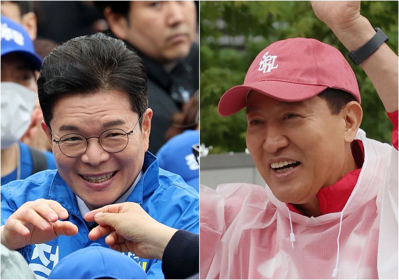 정원오 더불어민주당 서울시장 후보(왼쪽)와 오세훈 국민의힘 서울시장 후보가 제9회 전국동시지방선거 공식 선거운동이 시작된 지난달 21일 서울 성동구 왕십리역 광장과 강북구 삼양사거리에서 유권자들에게 지지를 호소하고 있다. 뉴스1