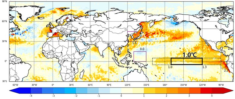 미국국립해양기상청(NOAA)이 작성한 지난 5월24일부터 30일까지의 전지구 해수면온도 편차 분포. AP뉴시스