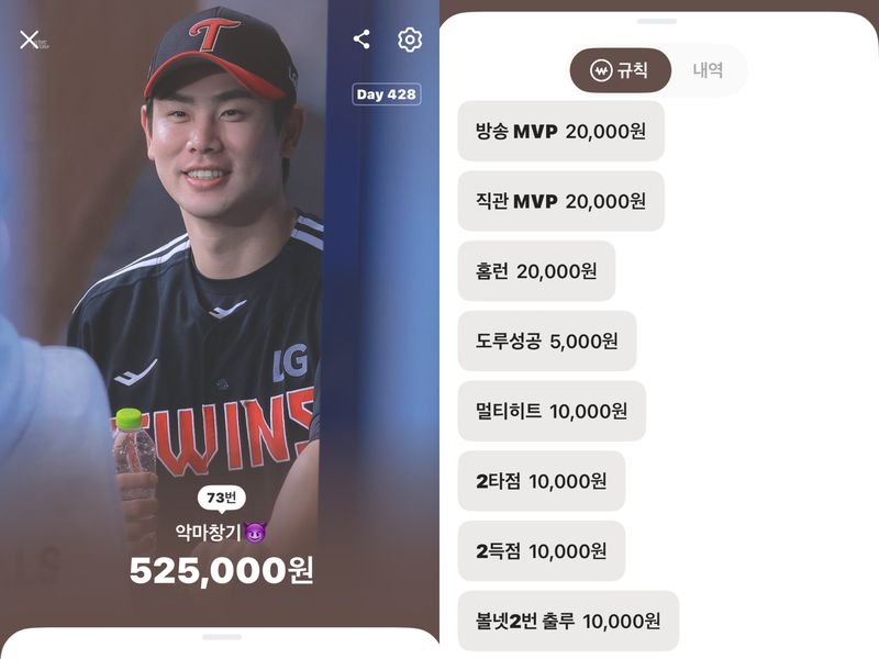 프로야구단 LG트윈스를 응원하는 직장인 A씨의 카카오뱅크 기록통장 화면. 카카오뱅크 제공