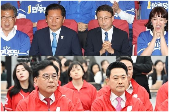 더불어민주당과 국민의힘 지도부가 3일 각 개표상황실에 자리한 모습. 연합뉴스