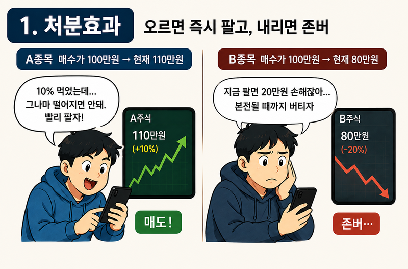 주식 행태적 편향, '처분효과'(자본시장연구원 연구보고서). 챗GPT 생성 이미지