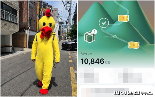 6일 오후 무더위 속 인형탈을 쓰고 아르바이트에 나선 기자가 골목길을 터덜터덜 걸어오고 있다. 우측 사진은 만보기 앱으로 확인한 이날 이동 거리 기록.