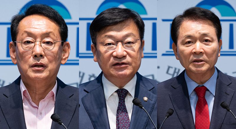 국민의힘 김도읍(왼쪽부터), 정점식, 성일종 의원이 5일 서울 여의도 국회 소통관에서 각각 원내대표 출마 선언 기자회견을 하고 있다. 2026.6.5 ⓒ 뉴스1 유승관 기자