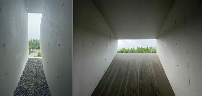서울 구로구 항동 '9로평상'은 카페 안으로 자연을 가져왔다. 화장실 안에서도(왼쪽), 외부 계단을 오르내릴 때도 자연을 마주한다./사진=서윤경 기자