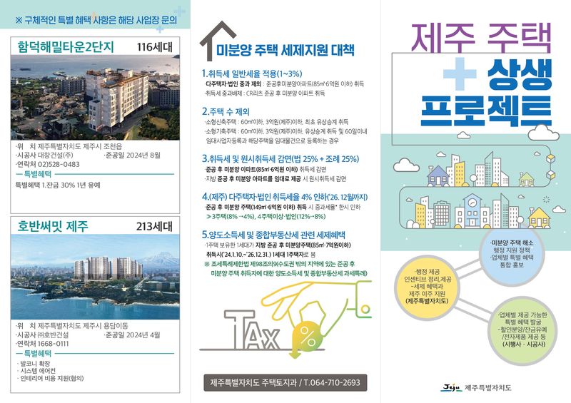제주 주택 상생프로젝트 안내 자료. 제주도는 준공 후 미분양 주택 8개 사업장 800호를 대상으로 할인분양, 잔금 유예, 가전제품 제공 등 민간 혜택과 취득세 감면 등 세제 지원을 한데 묶어 안내한다. /사진=제주특별자치도 제공