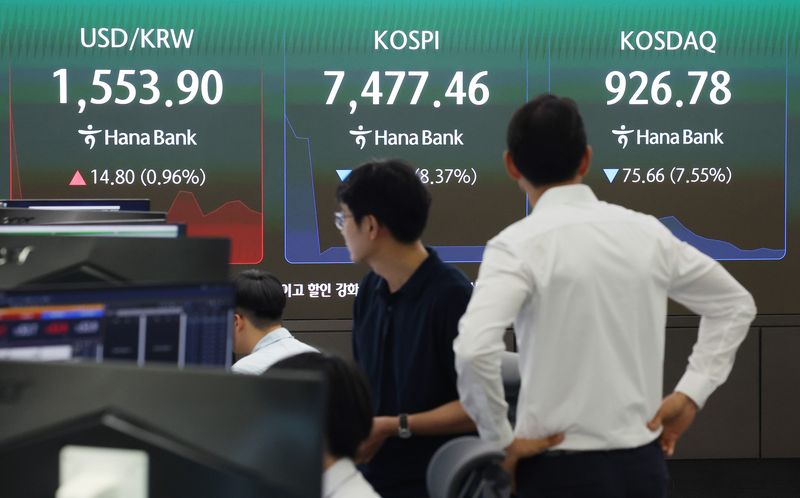 [서울=뉴시스] 김진아 기자 = 코스피가 8% 이상 급락하면서 7500선 아래로 내려간 8일 서울 중구 하나은행 딜링룸에서 딜러들이 업무를 보고 있다. 8일 코스피는 전 거래일(8160.59)보다 112.50포인트(1.38%) 하락한 8048.09에, 코스닥 지수는 전 거래일(1002.44)보다 42.83포인트(4.27%) 내린 959.61에 거래를 시작했다. 서울 외환시장에서 원·달러 환율은 전 거래일 주간거래 종가(1539.1원)보다 16.1원 오른 1555.2원에 출발했다. 2026.06.08. bluesoda@newsis.c