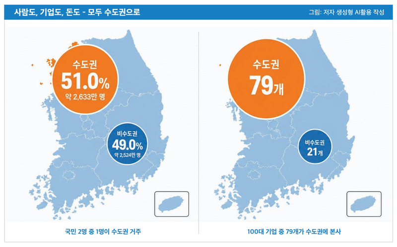 수도권 인구 집중도(왼쪽)와 100대 기업 본사 분포 현황. LH 토지주택연구원 제공