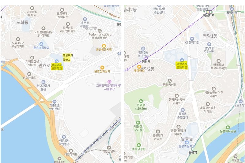 서울 용산구 성심여중·고(왼쪽), 성동구 무학여고 위치도. 네이버 지도 갈무리