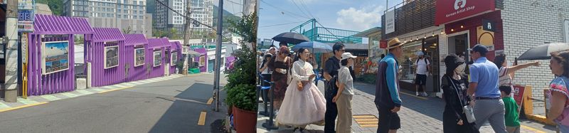 지난 5일 오전 부산 서구 아미동 일대(위쪽 사진)가 썰렁한 반면 근처에 있는 사하구 감천문화마을은 외국인 관광객으로 북적이고 있다.사진=백창훈 기자