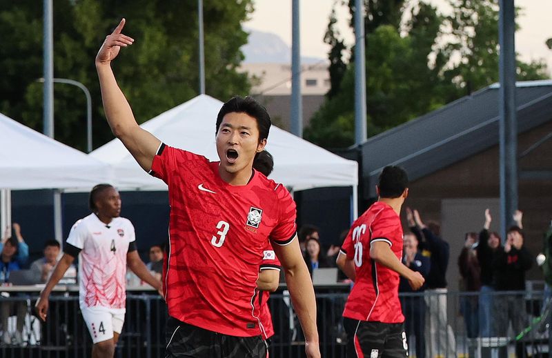 대한민국 축구대표팀 조규성이 30일(현지시간) 미국 유타주 솔트레이크시티 브리검 영 대학교 BYU 사우스필드 경기장에서 2026 국제축구연맹(FIFA) 북중미 월드컵 앞두고 열린 대한민국과 트리니다드 토바고의 평가전에서 멀티골을 넣고 환호하고 있다. 2026.5.31 ⓒ 뉴스1 임세영 기자