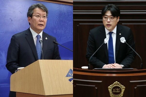 부산시장 인수위원회 변성완 특보(왼쪽), 반선호 대변인. 사진=변옥환 기자, 부산시의회 제공