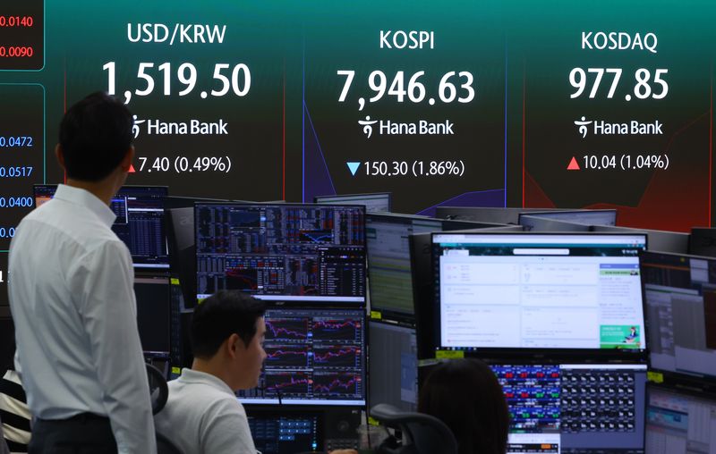 [서울=뉴시스] 황준선 기자 = 코스피가 전 거래일(8096.93)보다 197.16포인트(2.43%) 내린 7899.77에 개장한 10일 오전 서울 중구 하나은행 딜링룸에 지수가 표시돼 있다. 코스닥 지수는 전 거래일(967.81)보다 9.23포인트(0.95%) 하락한 958.58에 거래를 시작했다. 원·달러 환율은 전 거래일 주간거래 종가(1512.1원)보다 12.9원 오른 1525.0원에 출발했다. 2026.06.10. hwang@newsis.com