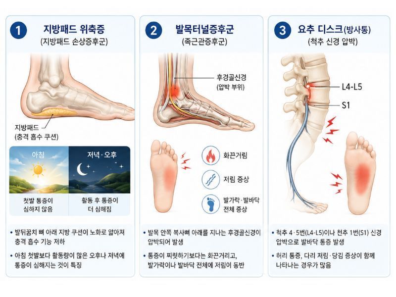 족저근막염과 유사한 질환에는 지방패드 위축증, 발목터널증후군, 요추 디스크로 인한 방사통 등이 있다. /사진=파이낸셜뉴스 [AI생성 이미지 - ChatGPT]