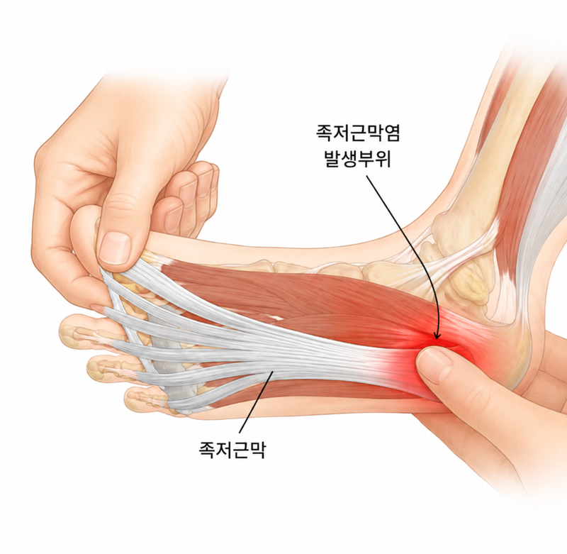족저근막은 발뒤꿈치뼈에서 발가락 쪽으로 부채꼴처럼 이어지는 두껍고 단단한 섬유 띠다. 걷거나 뛸 때 발바닥에 실리는 충격을 흡수하는 '스프링' 역할을 한다. 이 근막에 반복적인 부담이 쌓여 발생하는 질환이 바로 족저근막염이다. /사진=파이낸셜뉴스 [AI생성 이미지 - ChatGPT]