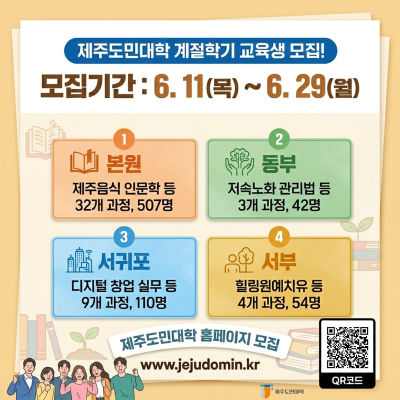 2026년 제주도민대학 계절학기 교육생 모집 포스터. 제주도민대학은 6월 11일부터 29일까지 본원, 동부, 서귀포, 서부 등 4개 캠퍼스에서 운영하는 48개 교육 과정의 교육생 713명을 모집한다. /사진=제주도민대학 제공