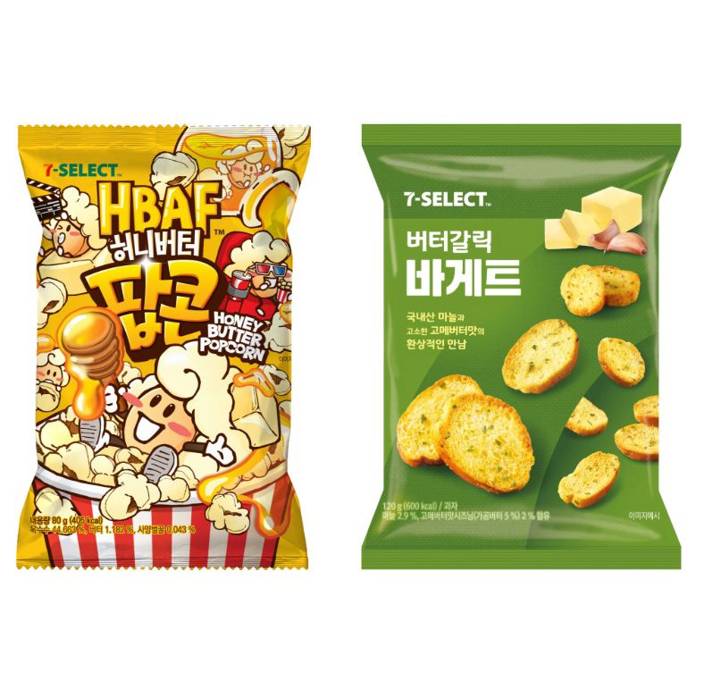세븐일레븐에서 해외로 수출하고 있는 HBAF허니버터팝콘, 세븐셀렉트 버터갈릭 바게트 제품. 코리아세븐 제공