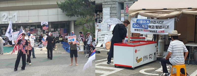 17일 서울 송파구 올림픽공원 핸드볼경기장 인근 광장 바닥과 벤치에 6·3 지방선거 투표용지 부족 사태와 관련한 시위 참가자들의 손팻말이 놓여 있다. (오른쪽) 공원으로 운동을 나온 시민이 시위 현장에 비치된 홍보물을 보고 있다.. 사진=최승한 기자