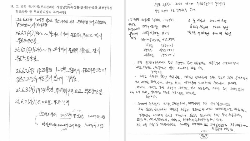 송파구 잠실4동 제7투표소 6·3 지방선거 투표록(왼쪽)과 가락2동 제3투표소 투표 (출처=연합뉴스)