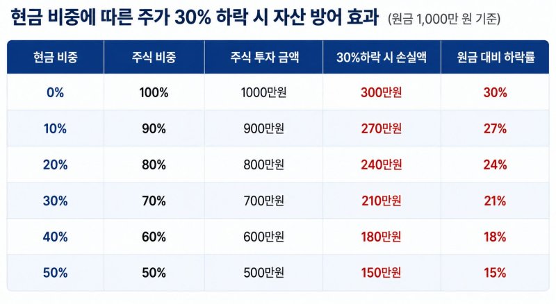 현금 비중에 따른 주식 자산 방어 효과. 챗GPT 생성 이미지