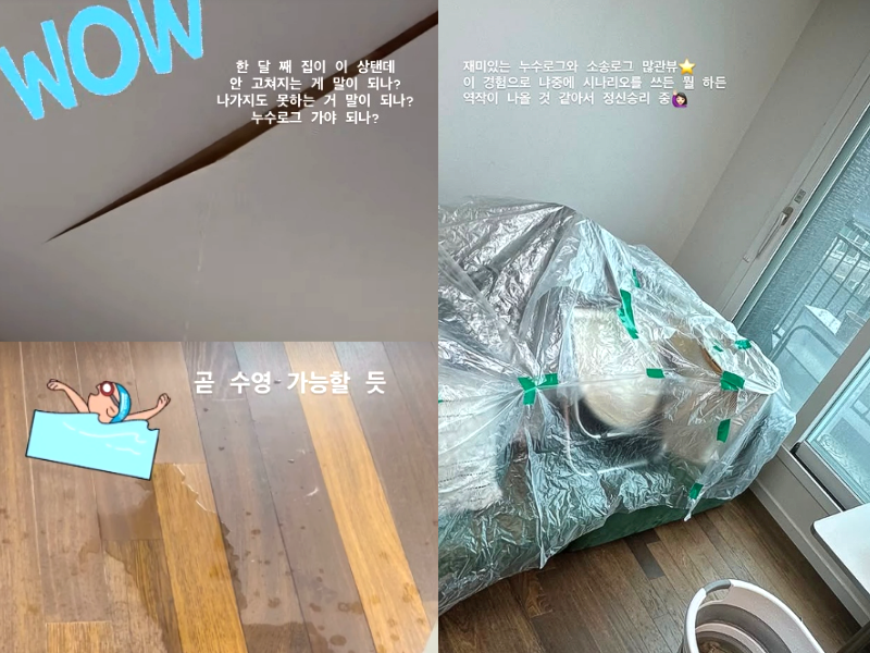 배우 이주영이 천장 틈새에서 물이 흘러내리는 모습과 바닥에 흥건한 물, 소파 등 가구를 젖지 않게 하기 위해 비닐로 덮어놓은 모습 등 자택 누수 피해 상황을 공개했다. /사진=이주영 인스타그램