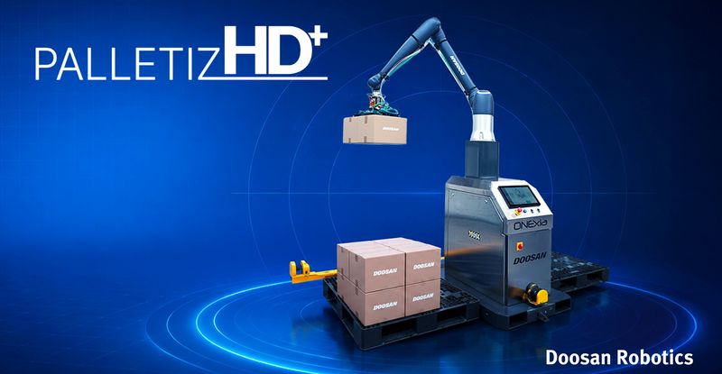 이번 ‘오토메이트(Automate) 2026’에서 처음 선보이는 AI 팔레타이징 솔루션 ‘PalletizHD+’ 랜더링 이미지. 두산로보틱스 제공