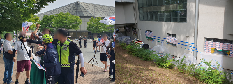 22일 서울 송파구 올림픽공원에서 경찰이 시위 참가자들 사이의 충돌을 제지하고 있다. (오른쪽) 핸드볼경기장 건물 주변에 밤샘 농성을 위한 모기장과 텐트가 설치돼 있다. 사진=최승한 기자