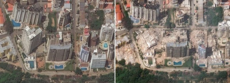 베네수엘라 라과이라주(州)의 주도인 라과이라의 22일(현지시간) 위성사진(왼쪽 사진)과 지진 이후인 25일 위성사진(오른쪽 사진) 비교.AFP연합뉴스