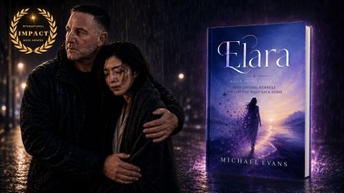 마이클 에반스 신작 ‘엘라라(Elara)’ 키 비주얼. 인터내셔널 임팩트 북 어워드(International Impact Book Awards) 파이널리스트 선정 마크와 함께 공개됐다. 본작은 ‘더 리얼 매트릭스 리로디드’ 속 인물 '엘라라'를 실화에 기반해 단독 작품으로 확장한 신작