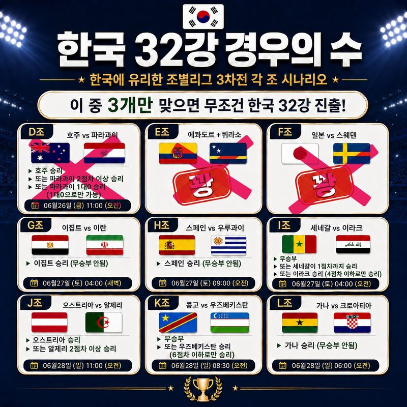 한 오픈채팅방에 올라온 한국의 월드컵 32강행 '경우의 수' 빙고판. /사진=온라인 커뮤니티 캡처