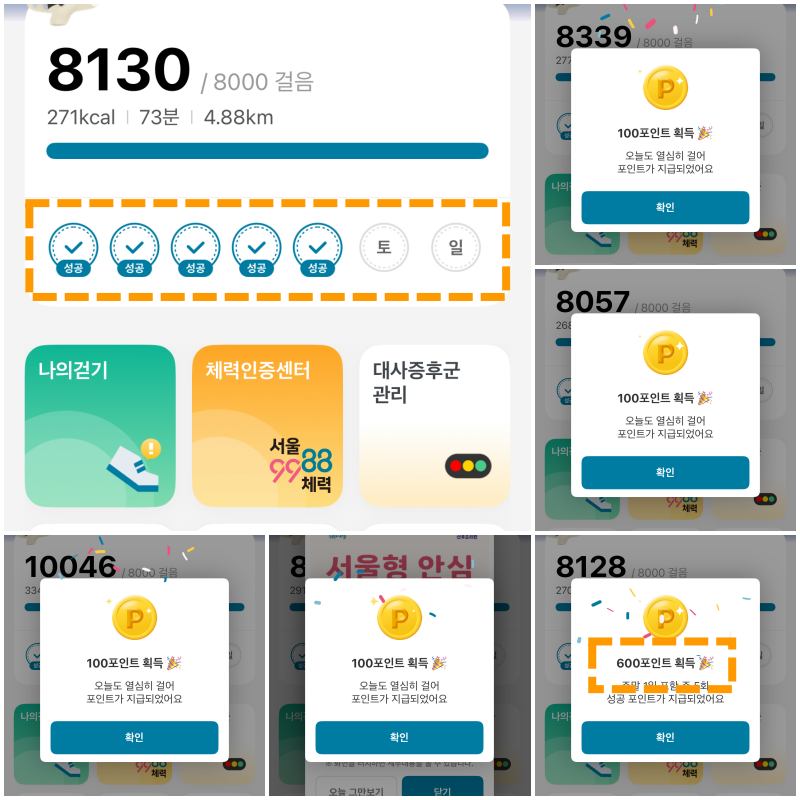 이달 초 꾸준히 8000보 이상을 걸으면서 손목닥터 앱에는 매일 100원씩 적립됐다. 닷새째 되던 날 앱은 500원을 추가로 제공했다. /사진=손목닥터9988