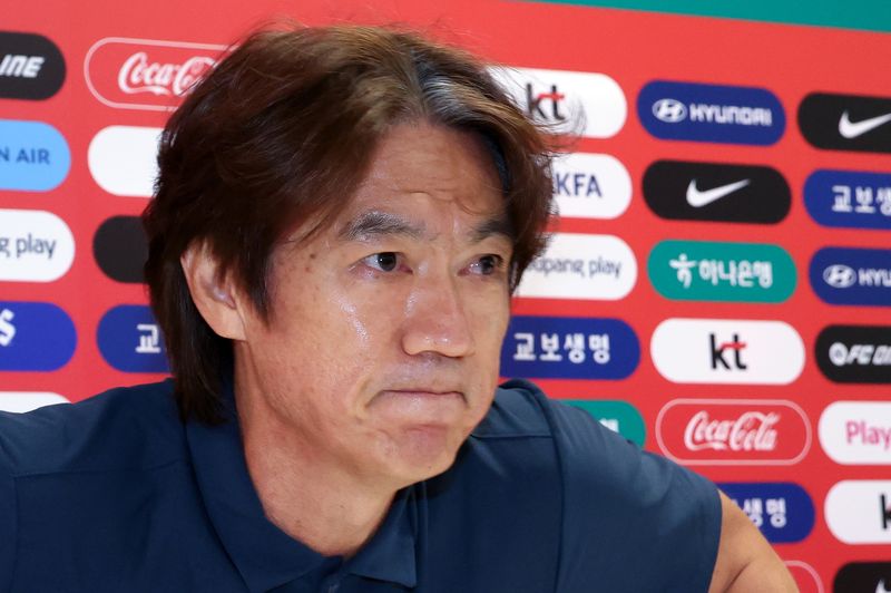 한국 축구 국가대표팀 홍명보 감독이 28일(현지시간) 멕시코 과달라하라 인근 사포판 치바스 바예 베르데 훈련장에 마련된 베이스캠프에서 월드컵 결산 기자회견을 하고 있다.뉴스1