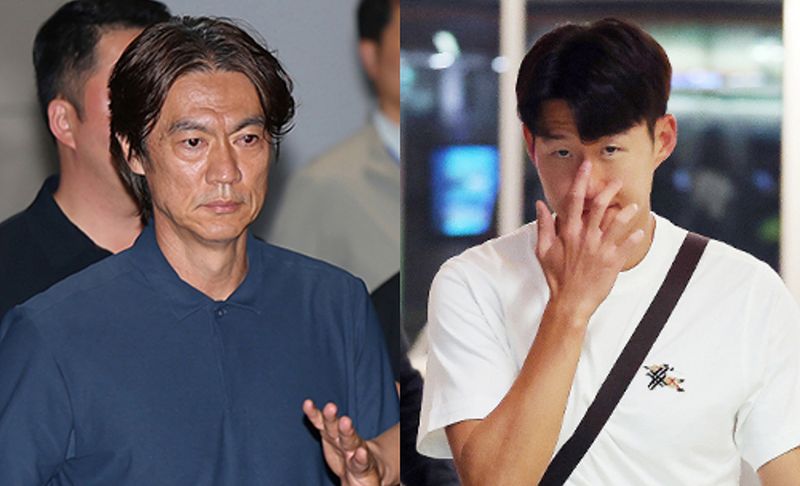 (서울=뉴스1) 안은나 기자,임세영 기자 = 2026 북중미 월드컵 32강 진출 실패의 책임을 지고 사퇴 의사를 밝힌 홍명보 축구대표팀 감독(왼쪽)이 30일 새벽 인천국제공항 2터미널을 통해 입국해 이동하고 있다. 오른쪽은 축구국가대표팀 손흥민이 29일(현지시간) 미국 로스앤젤레스 국제공항에서 귀국하는 비행기에 오르고 있는 모습. 홍 감독과 따로 귀국길에 오른 손흥민은 1일 귀국 예정이다. 2026.6.30/뉴스1 /사진=뉴스1화상