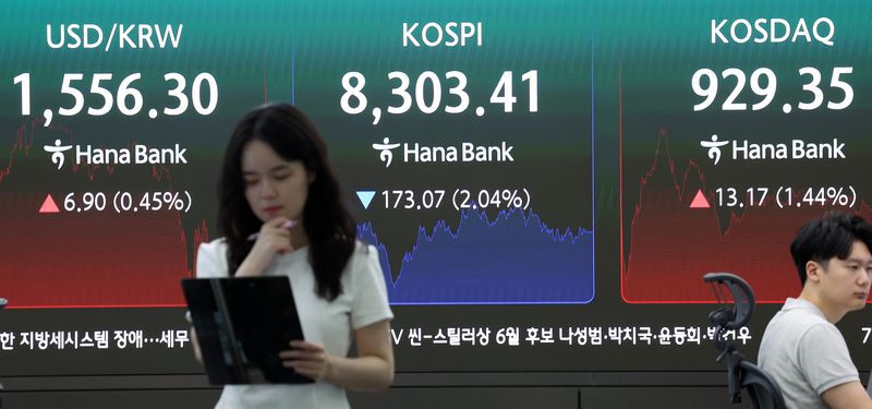환율 오르고 코스피 2% 하락 1일 코스피는 전 거래일보다 173.07p(2.04%) 하락한 8303.41, 코스닥은 13.17p(1.44%) 상승한 929.35로 각각 장을 마감했다. 서울외환시장에서 원·달러 환율은 전일 대비 4.20원 오른 1549.40원으로 주간거래를 마쳤다. 이날 서울 중구 하나은행 본점 딜링룸에 지수와 환율이 표시되고 있다. 뉴스1