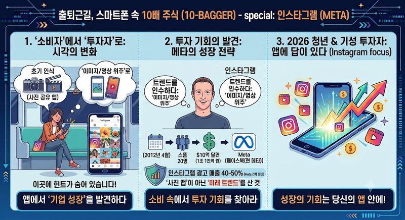 메타는 왜 인스타그램을 인수했을까. 인스타그램 언급은 이해를 돕기 위한 가정으로 사후확신편향(Hindsight Bias)이 있을 수 있습니다.제미나이 생성 이미지