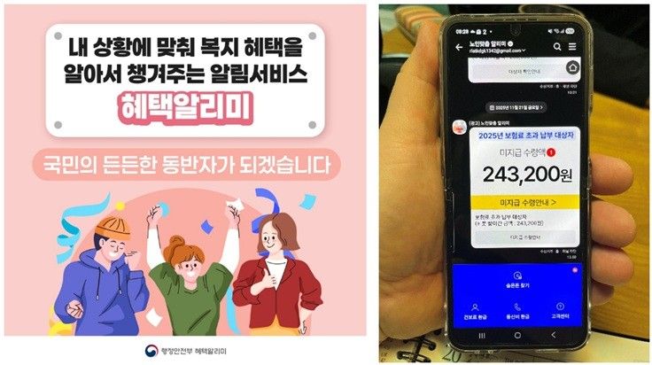 행정안전부의 혜택알리미 공식 안내(좌측)와, 고령자 스마트폰의 유사 광고 노인맞춤알리미(우측)간 비교. 고령자들은 무료 SNS 사용 중에 추천받는 수많은 컨텐츠들 중에서, 불필요한 광고나 유해한 가짜 뉴스 여부를 평가하고 구분해내는데 많은 어려움을 겪는다. 사진=행정안전부 공식블로그, 쉘위파트너스㈜ 대표이사 김종훈