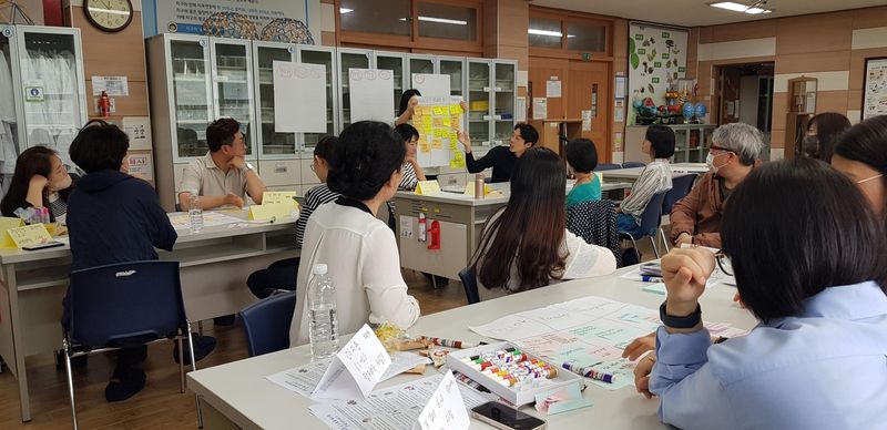 제주북초등학교 학부모들이 IB 초등과정(PYP) 모의수업에 참여해 질문과 토론, 협력 탐구 방식의 수업을 체험하고 있다. 제주에서는 학생 수업뿐 아니라 학부모와 교사의 IB 교육 이해를 높이는 과정도 함께 진행되고 있다. /사진=제주특별자치도교육청 제공