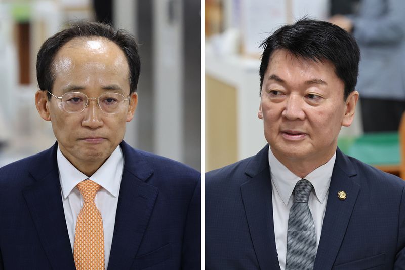 [서울=뉴시스] 김금보 기자 = 추경호(왼쪽사진) 대구시장이 8일 오전 서울 서초구 서울중앙지방법원에서 '계엄 해제 표결 방해 혐의' 관련 6차공판에 출석하고 있다. 안철수 국민의힘 의원이 증인으로 출석하고 있다. 2026.07.08. kgb@newsis.com