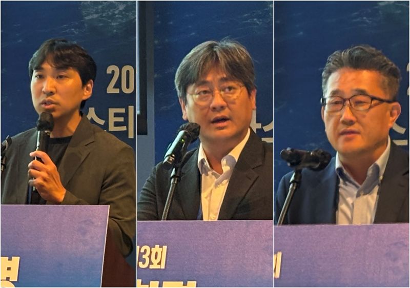 포럼 발표자로 나선 정성엽 선박해양플랜트연구소(KRISO) 박사, 주형민 극지연구소 차세대 쇄빙연구선 건조사업단 단장, 구자림 부산항만공사 글로벌사업단장 2026.7.8 ⓒ 뉴스1 홍윤 기자