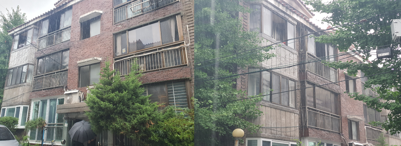 초등학생 남매 2명이 숨진 서울 은평구 갈현동 빌라 화재 현장. 9일 오전 비가 내리는 가운데 불이 난 3층 세대의 창문 일부가 떨어져 나가 있다. 사진=최승한 기자