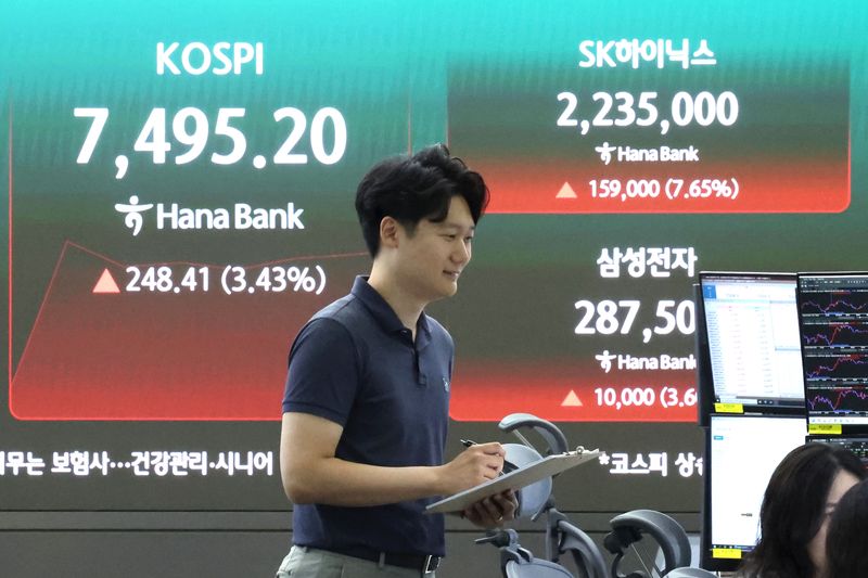 9일 오전 서울 중구 하나은행 본점 딜링룸 전광판에 SK하이닉스, 삼성전자 지수가 표시되고 있다. 2026.7.9 ⓒ 뉴스1 이종수 기자