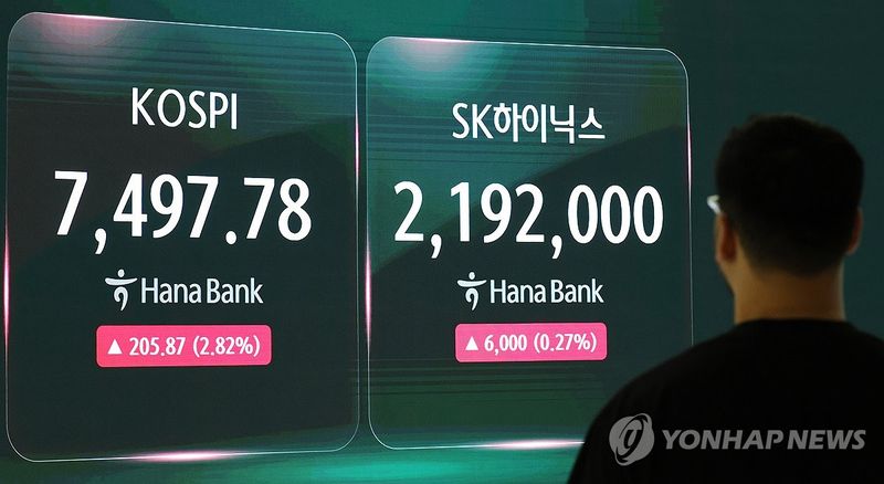 서울 중구 하나은행 본점 딜링룸 현황판을 지켜보는 트레이더 (출처=연합뉴스)