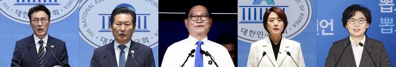 더불어민주당 당권주자인 김민석(왼쪽부터) 전 국무총리가 6일, 정청래 전 대표가 13일, 송영길 의원이 8일 여의도 중앙당사에서, 고민정 의원이 8일 국회 소통관에서, 김보미 전 강진군의원이 9일 여의도 중앙당사에서 8·17 전당대회를 앞두고 각각 출마선언을 하고 있다. 뉴시스