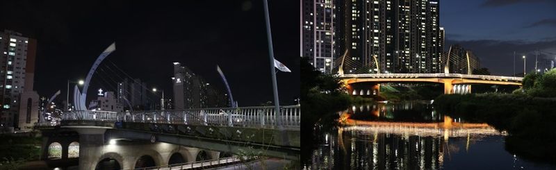 경기 안양시 '비산대교' 경관조명 교체 전(왼쪽)과 후(오른쪽) 모습.(안양시 제공. 재판매 및 DB금지)/뉴스1