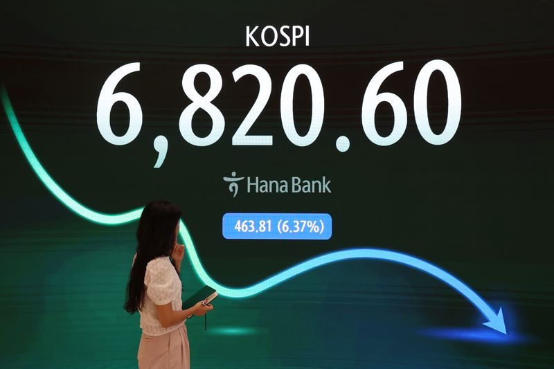[서울=뉴시스] 조성우 기자 = 코스피가 전 거래일보다 463.81포인트(6.37%) 하락한 6820.60에 마감한 16일 서울 중구 하나은행 딜링룸 전광판에 지수가 표시되고 있다. 2026.07.16. xconfind@newsis.com