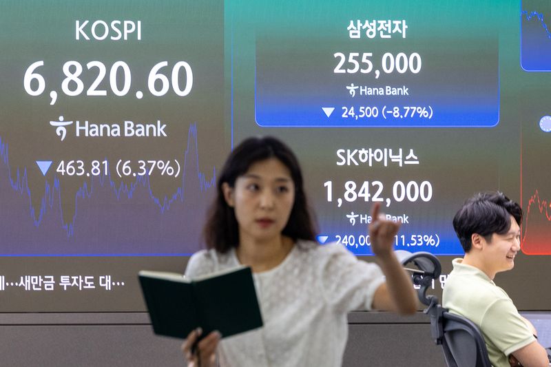 16일 오후 서울 중구 하나은행 본점 딜링룸 전광판에 종가와 삼성전자, SK하이닉스 주가가 나오고 있다. 이날 코스피는 전일 종가와 비교해 463.81포인트(6.37%) 하락한 6820.60, 코스닥은 37.59p(4.53%) 하락한 791.84로 마감했다. 달러·원 환율은 전일 오후 3시 30분 주간종가 대비 4.3원 내린 1480.4원을 기록했다. 2026.7.16 ⓒ 뉴스1 안은나 기자