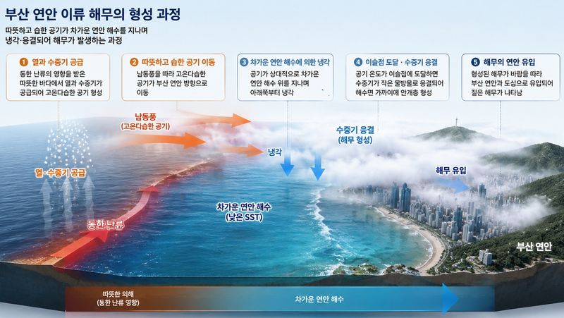 ‘이류 해무’가 형성되는 과정. 그래픽=한국해양과학기술원 제공
