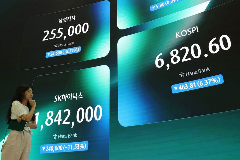지난달 16일 서울 중구 하나은행 딜링룸 전광판에 코스피 지수와 삼성전자, SK하이닉스 주가가 표시되고 있다. 뉴시스